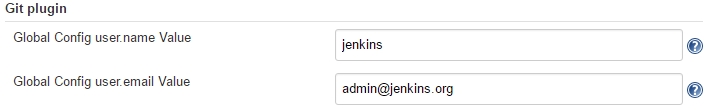 Git plugin; user.name = jenkins and user.email = admin@jenkins.org